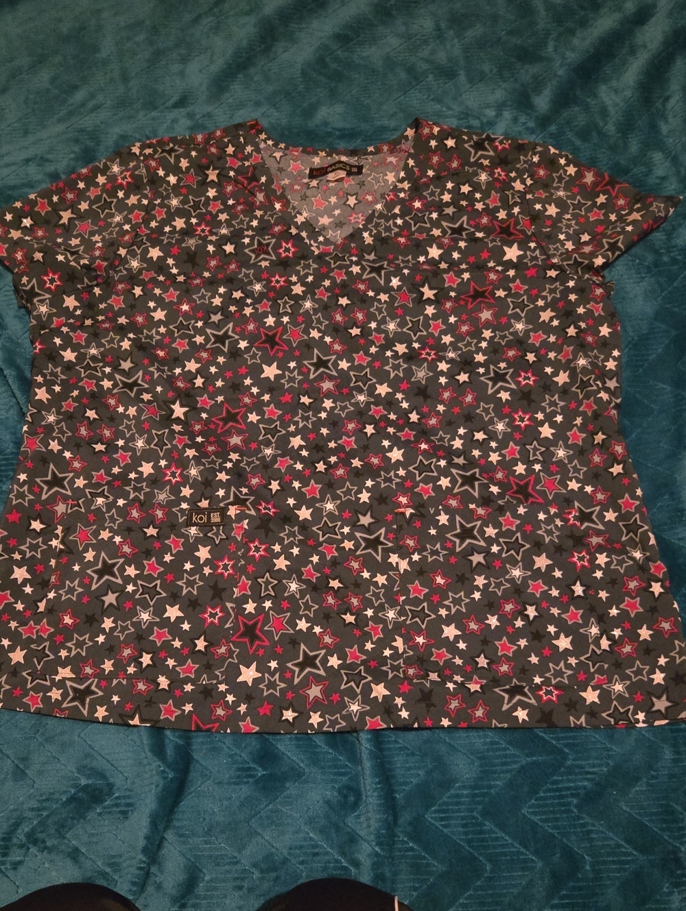 koi Black V-Neck Scrub Top with Pink & White Star Print
